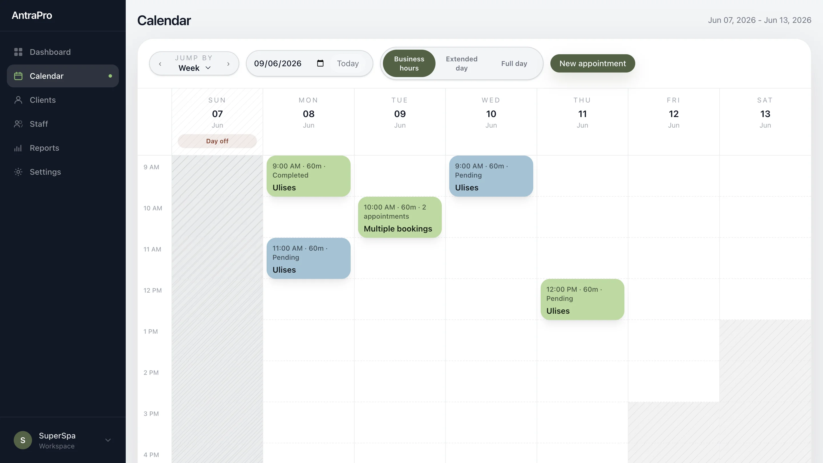 Calendario semanal AntraPro con citas
