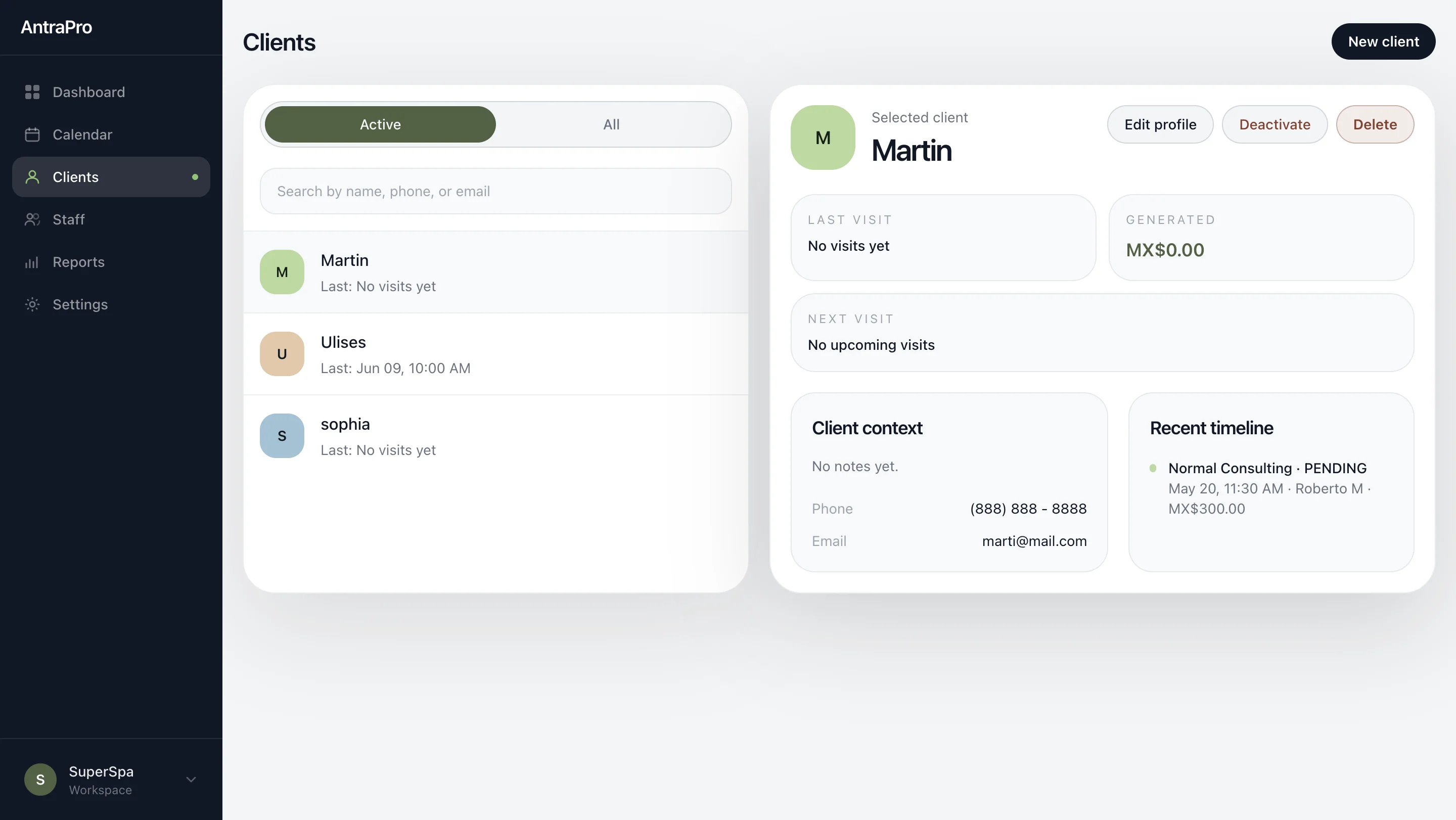 Lista de clientes y perfil en AntraPro