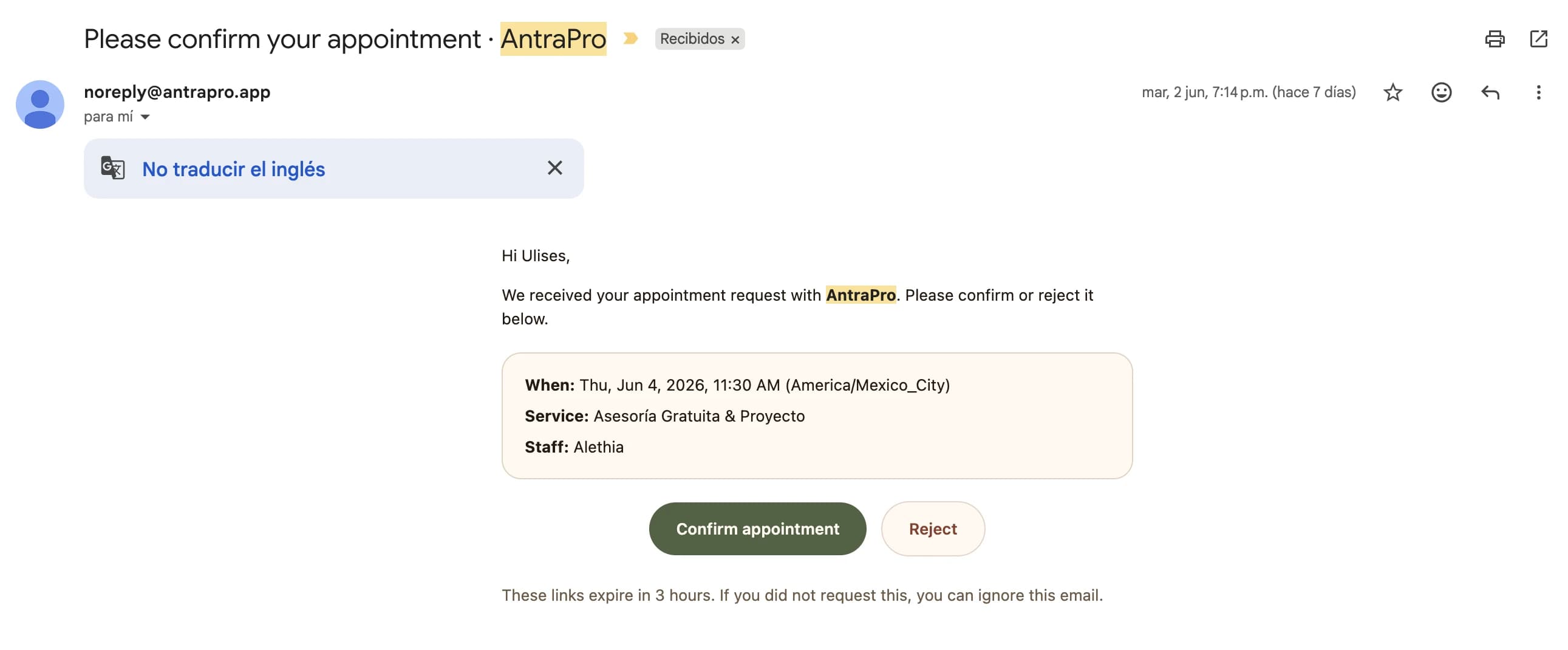 La confirmacion de AntraPro incluye toda la informacion relevante, incluyendo tu politica de cancelacion.